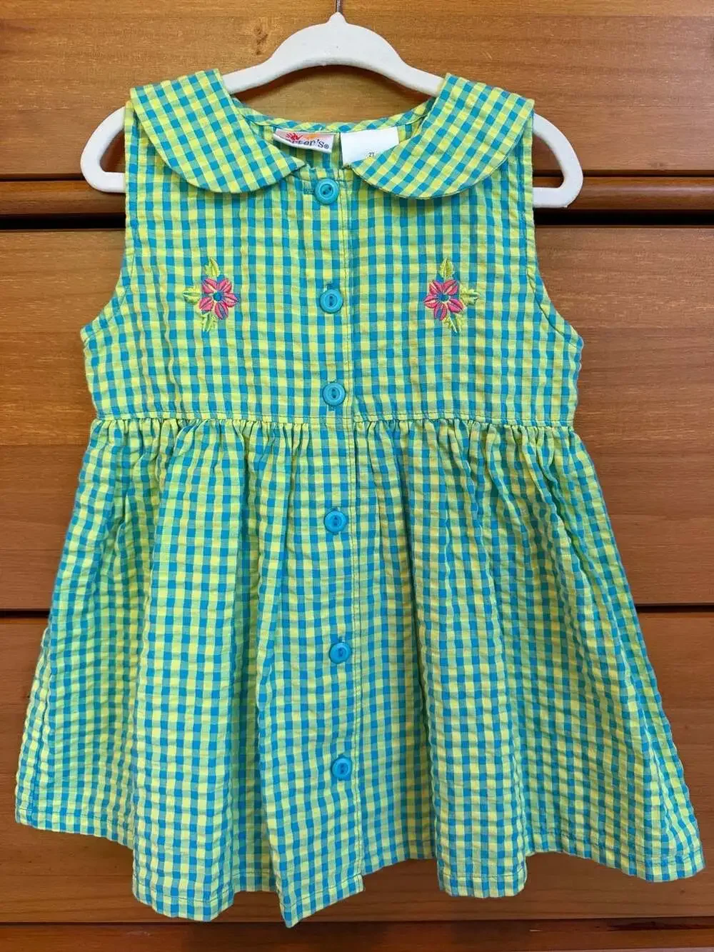 Vintage Carter's Blue and Lime Green Gingham Dress Size 2T